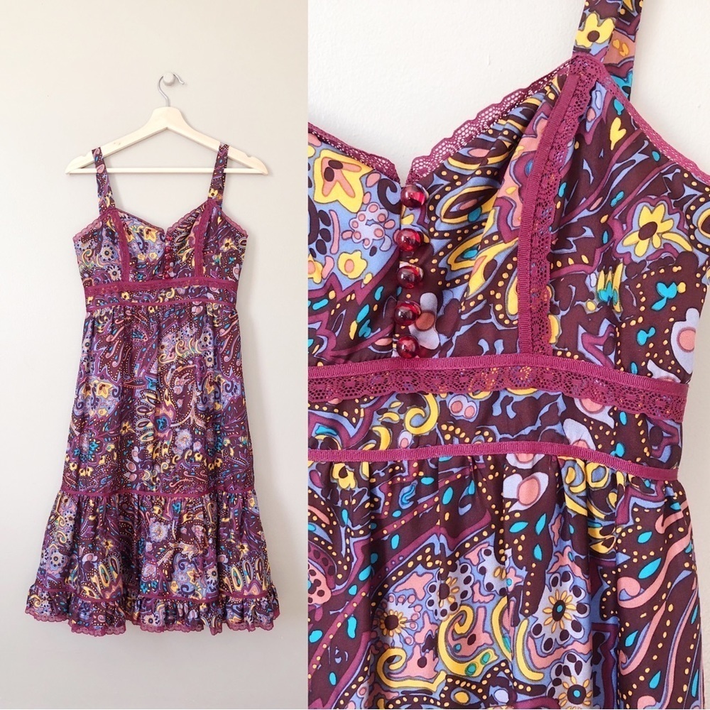 Betsey Johnson • vintage silk dress paisley midi retro 70s colorful lace peasant